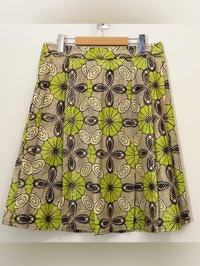 Green Gold Metallic Ankara Wax Print Pleated A Line Midi Skirt Large 16.5" Waist